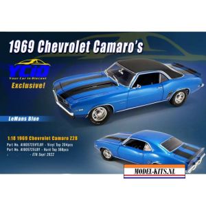 1969 Chevrolet Camaro Z28, lemans blue with black stripes and vinyl roof top.